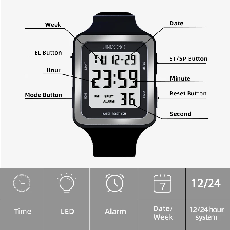 Women's Sports Watch, Digital Sports Watch, 50M Waterproof, Large Digital Display, Square Dial - 3