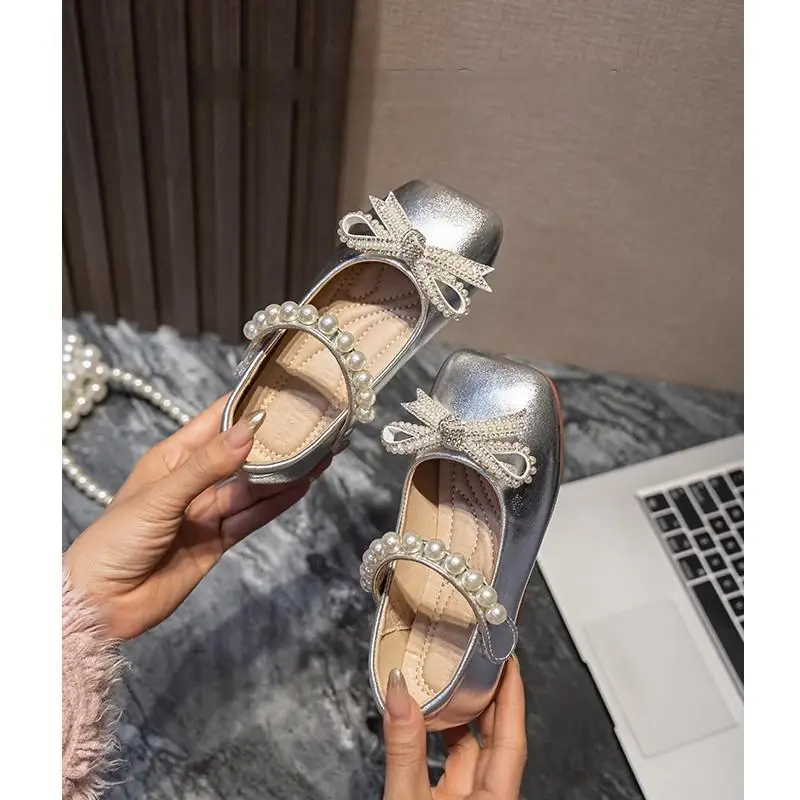 Leather Girls Mary Jane Flats with Shiny Bow for Autumn