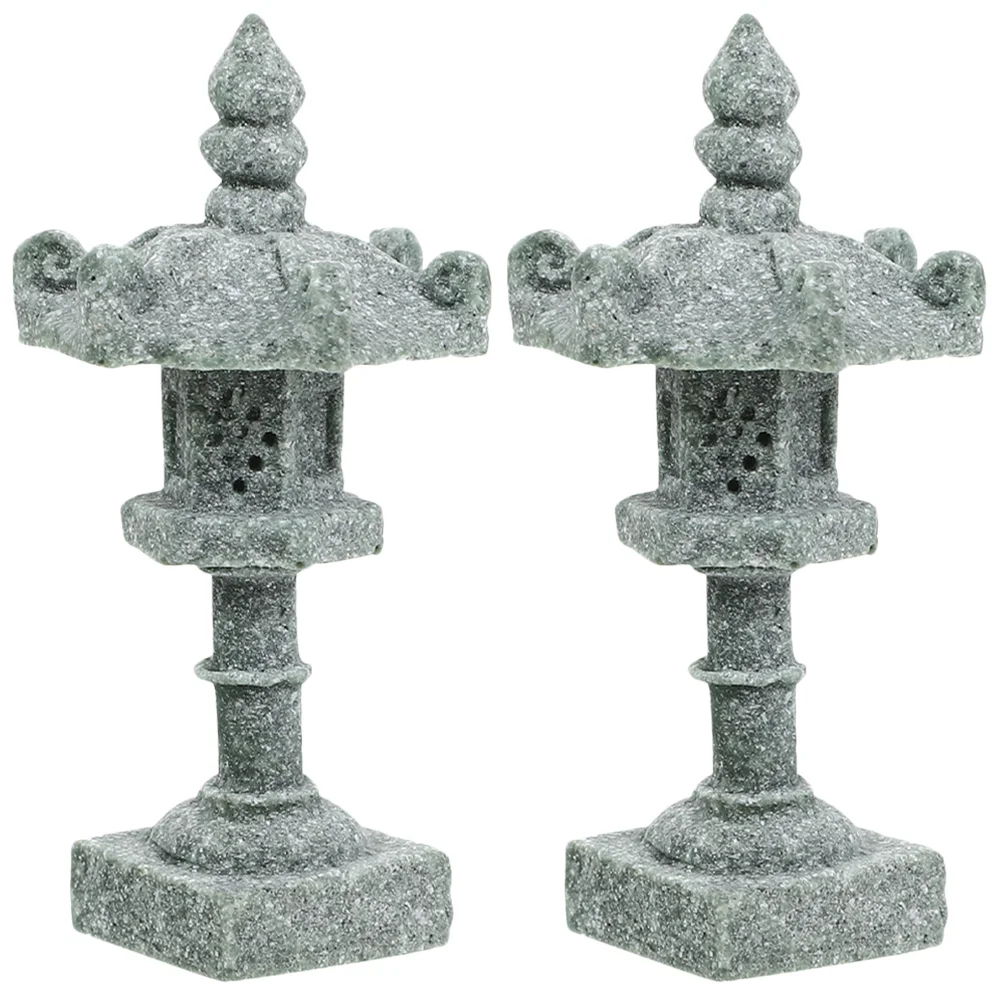 

2 Pcs Japanese Tower Light Decoration Micro Landscape Decors Garden Pavilion Model Square Hole