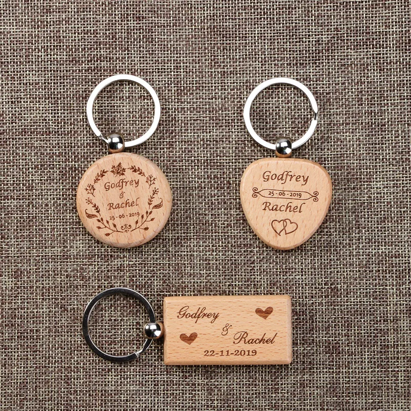 

2023 Custom Logo Blank Round Rectangle Wooden Key Chain DIY Promotion Wood Keychains Wedding Gift