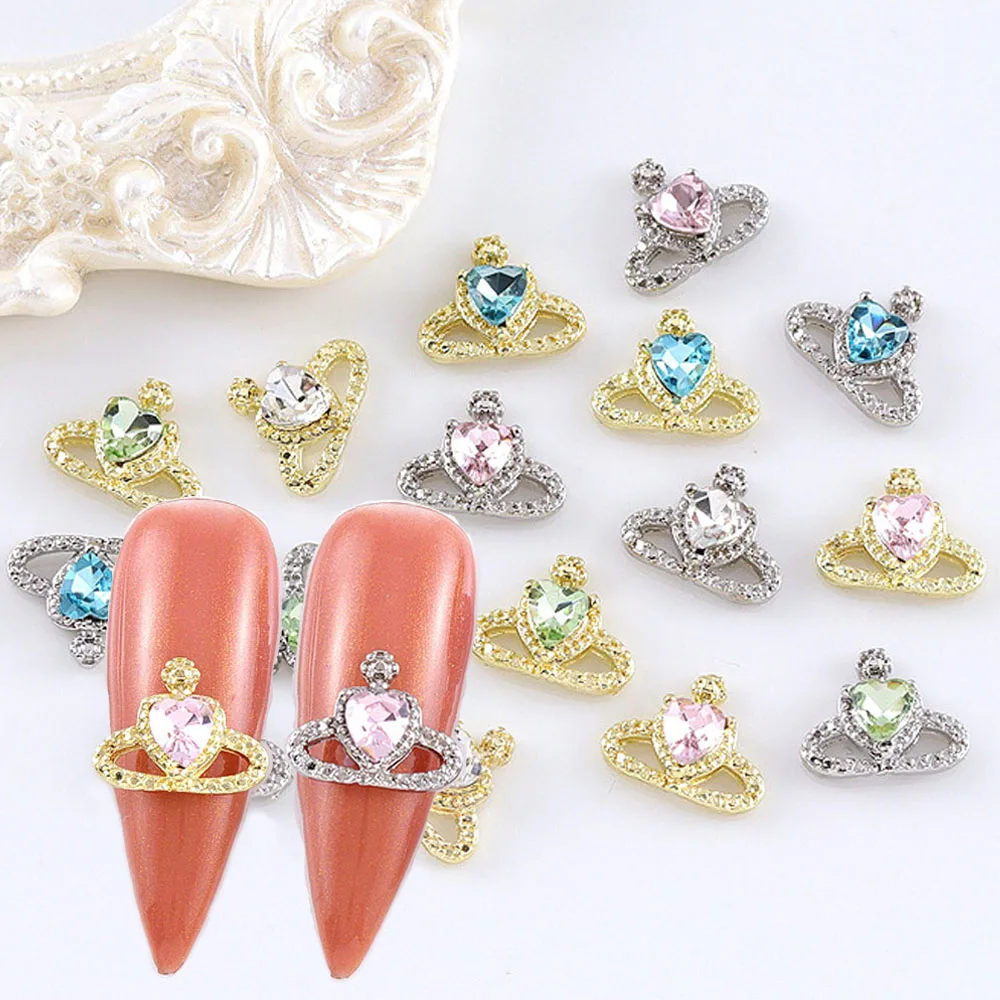 10Pcs/lot 3D Alloy Planet Nail Art Charms Colorful Gold/Silver Metal Rhinestone 11*9mm Heart Saturn Decorations DIY Nail Parts