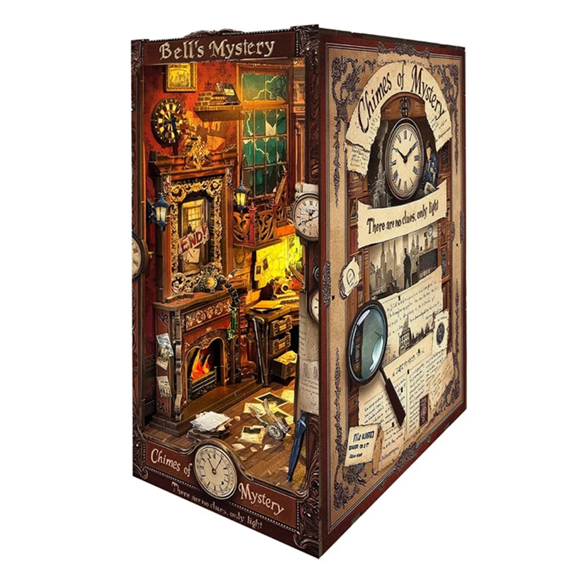 DIY Wooden Bell's Mystery Book Nook Shelf Insert Miniature Model Kits Bookshelf with Light Bookend for Friends Birthday Gifts 6