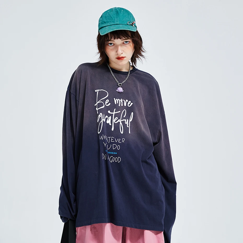 

Letter Printed Gradient Color T Shirts for Women Cotton Loose Long Sleeve Tee Shirt Harajuku Retro Casual T-shirt Female