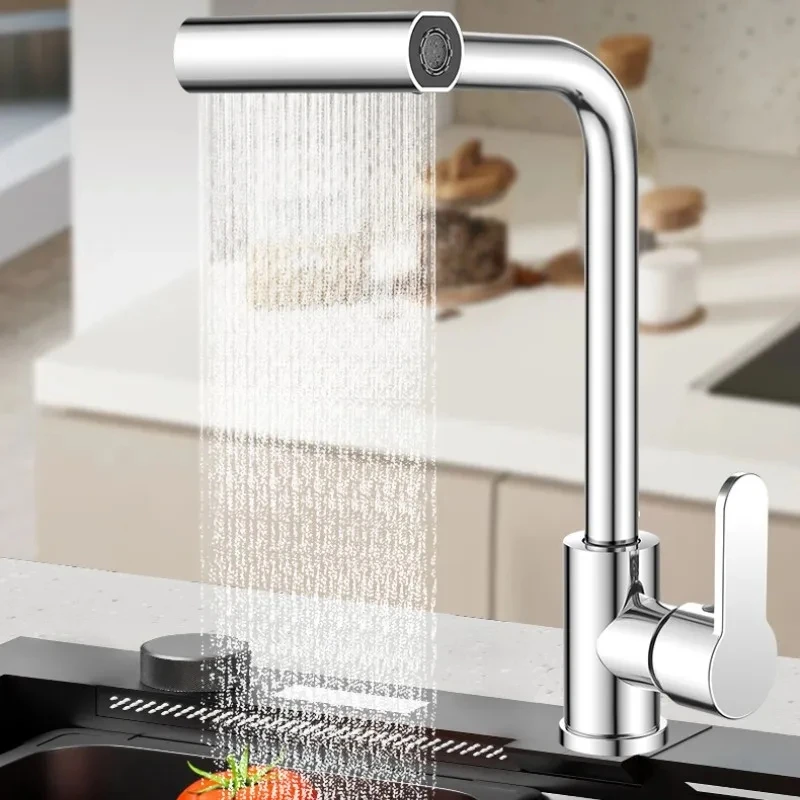 Torneira de Cachoeira de para Cozinha Corrente de Rotação Cabeça de Pulverizador Misturador de Lavatório Torneira de Água Escovada Único Furo Modos Quente e Frio Aço Inoxidável
