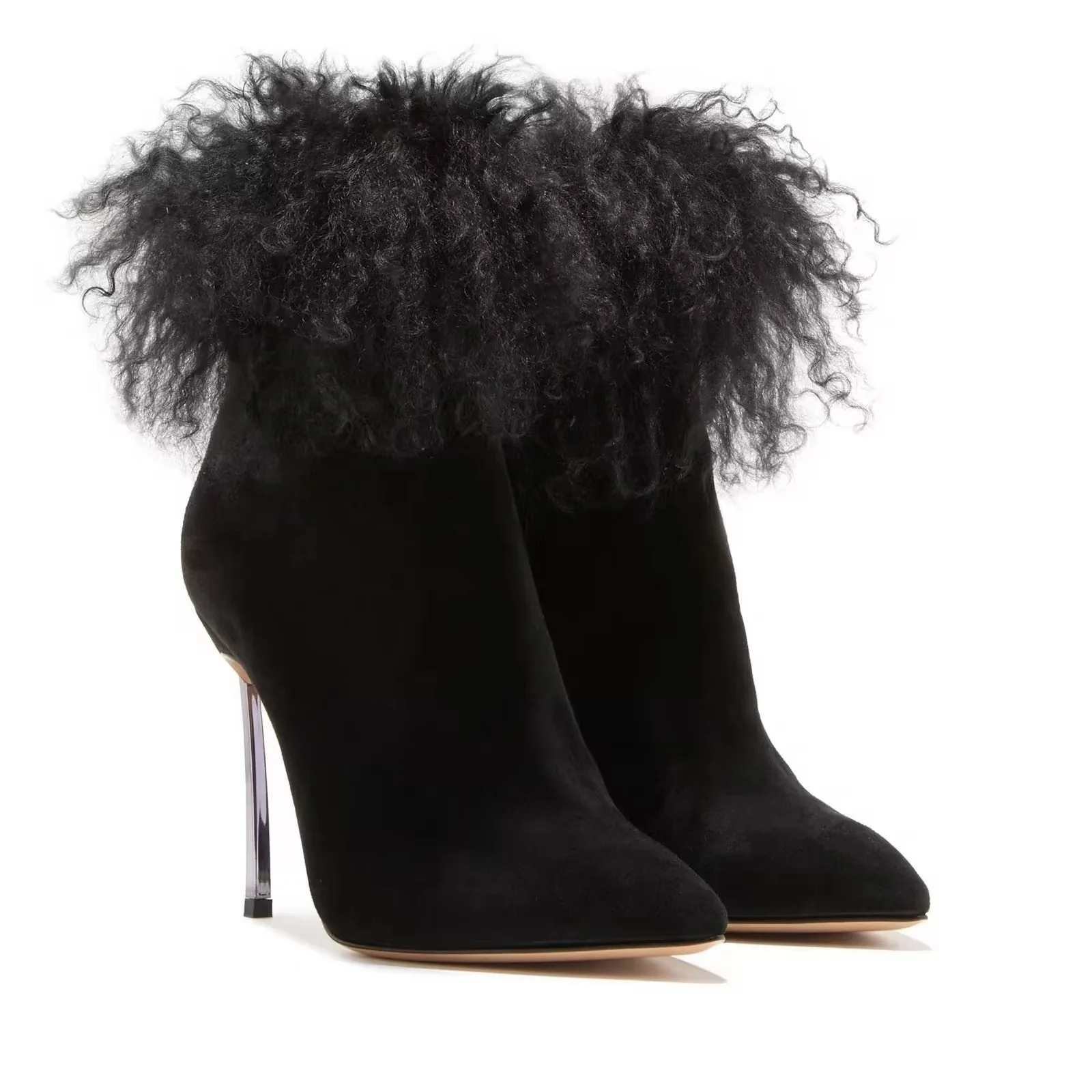 

Fashion Woman Fake Fur Feather Decoration Stiletto Heel Suede Ankle Boots Pointed Toe Female Slip On Solid Black Short Boots