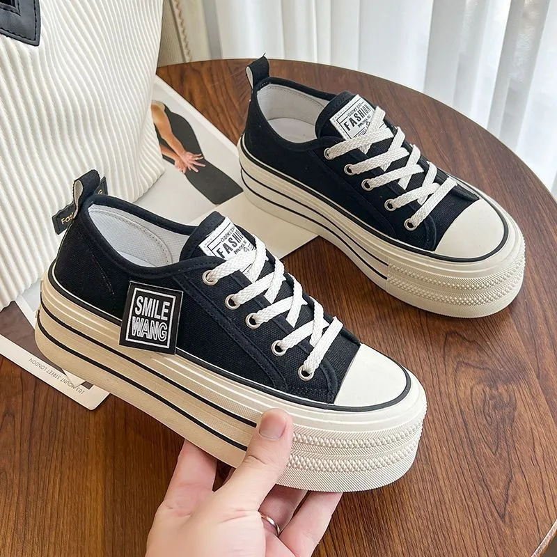 2024 New Women's Black Platform Canvas Sneakers Lace-up Comfortable Shoes Fashion Outdoor Multi-functional Sports Canvas Shoes 4