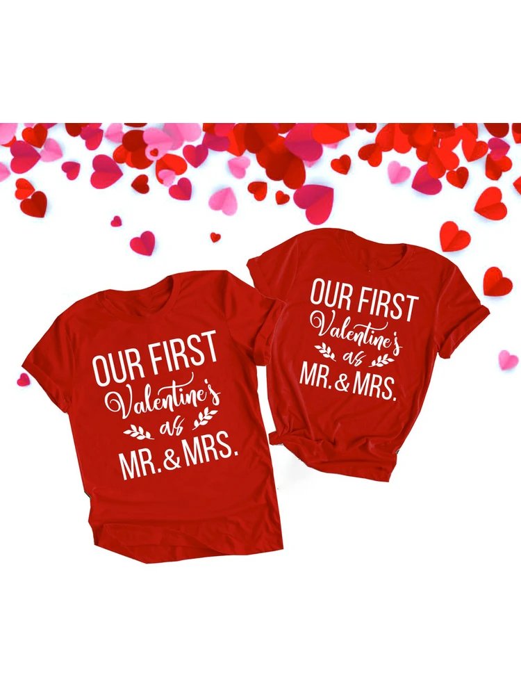 Женские и мужские футболки с надписью First Valentines As Mr Mrs | Женская одежда
