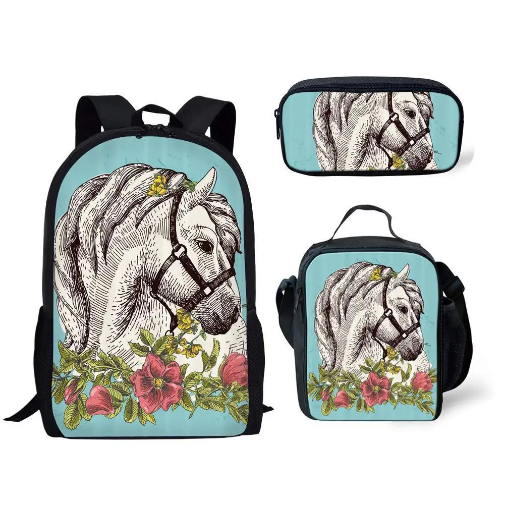 Popular Youthful Broken flower horse 3D Print 3pcs/Set Student Travel bags Laptop Daypack Backpack Lunch Bag Pencil Case