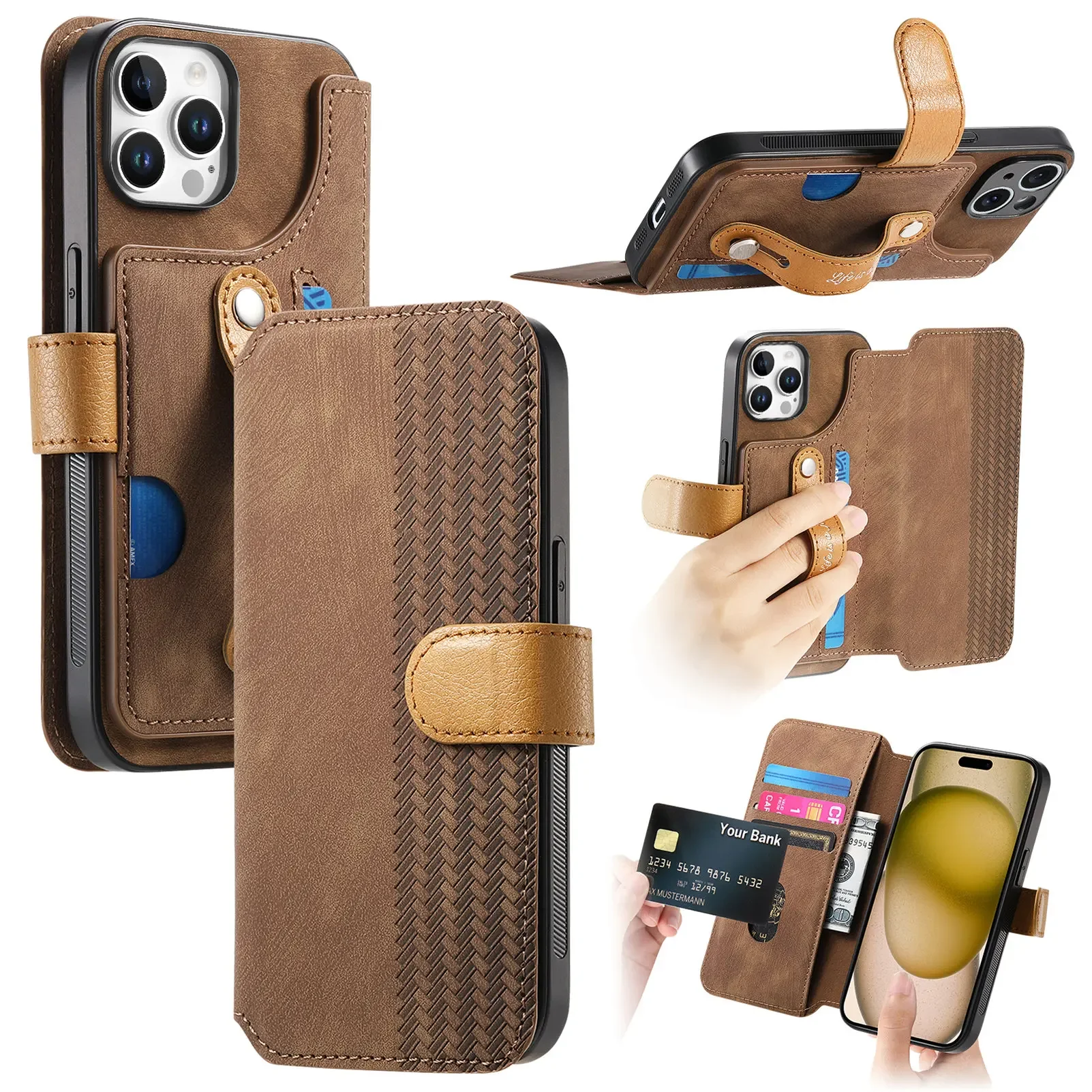 Wristband Flip Leather Wallet Case with RFID Protection and Stand Feature