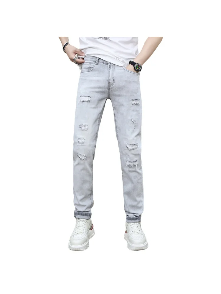 Pantalones vaqueros rectos rasgados para hombre, pantalón de pierna pequeña, gris claro, primavera y verano, nuevo diseñador, alta calidad