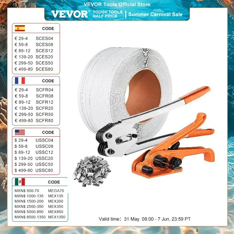 VEVOR Pallet Packaging Strapping Banding Kit with Tensioner Banding Sealer Tool 328ft PP Band 100 Metal Seals for Packing Belt