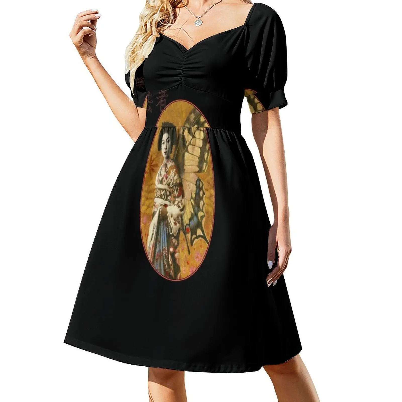 thumbnail image 1 of Vestido de manga corta con diseño de geisha vintage. Ropa estética para invitadas de boda., 1 of 7