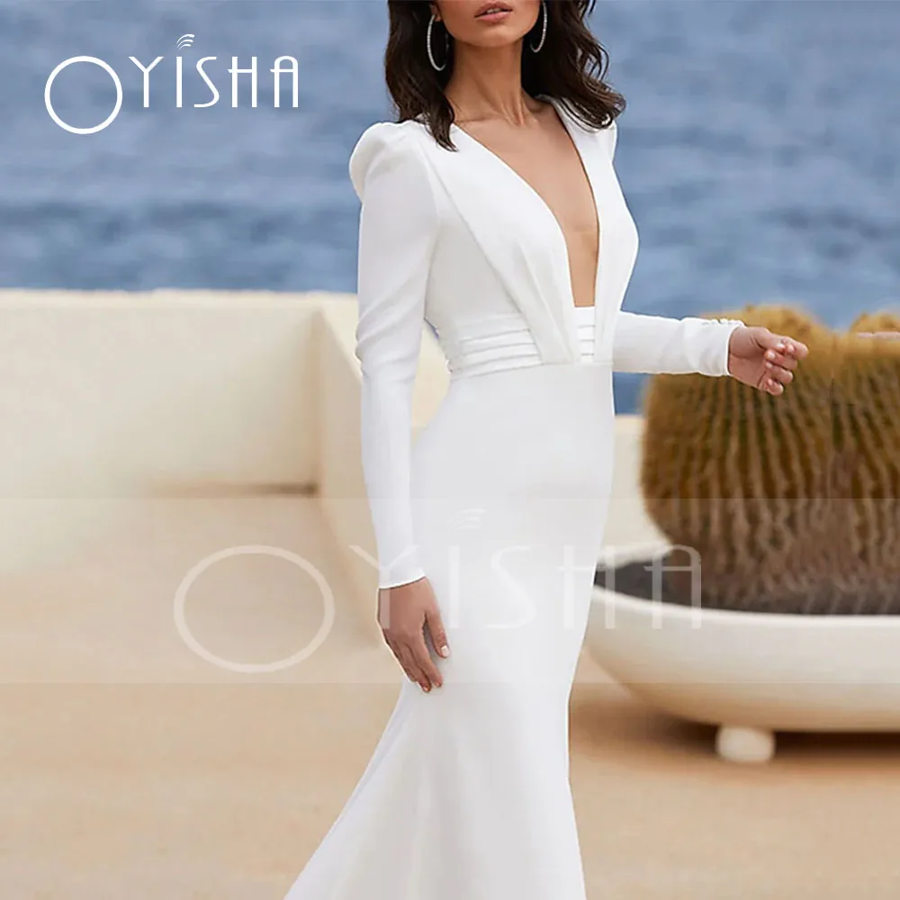OYISHA-화이트 웨딩 드레스, 인어 긴 소매 섹시한 깊은 v 넥 새틴 백리스 버튼 우아한 신부 가운 가운 드 마리에 적합 2023