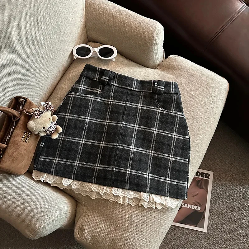 Lace Patchwork Plaid Mini Skirts Women Fall Winter High Waist No Belt Faux Wool Skirts Y2K Fashion Preppy All Match A Line Skirt