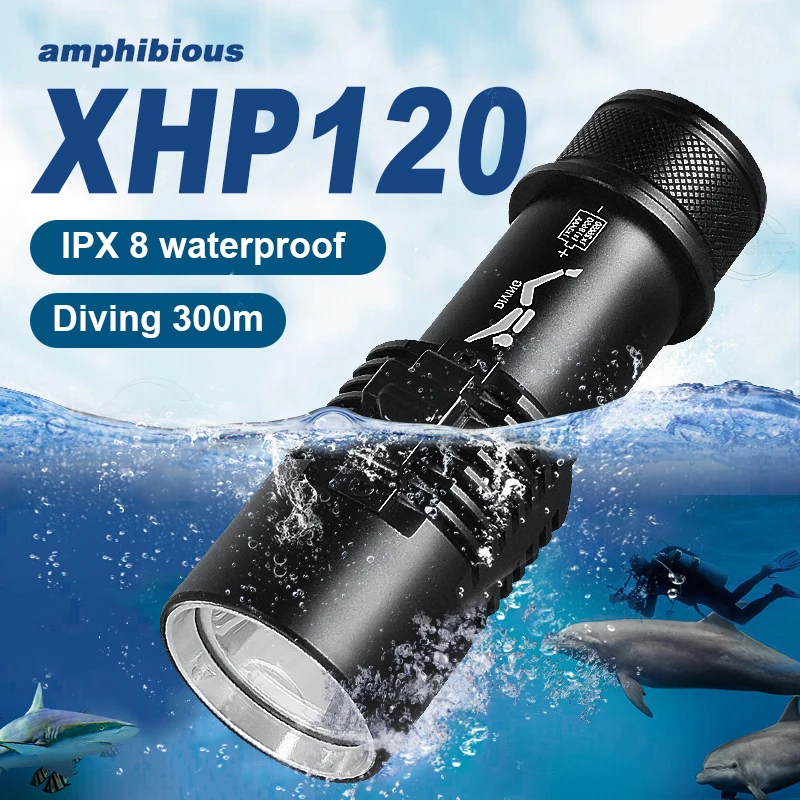 Super 5000LM XHP120 Linterna de buceo profesional 300m Antorcha de buceo  subacuática IPX8 Impermeable Potente luz de buceo 26650 Batería