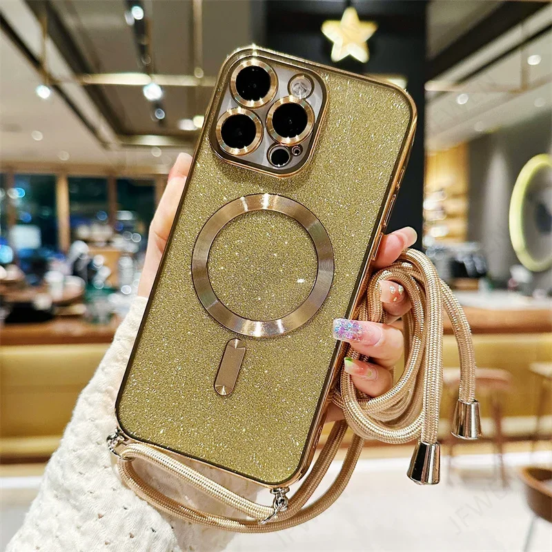 Sparkling Crossbody Lanyard Magnetic Phone Case with Electroplated Soft TPU Back Cover