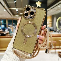 Sparkling Crossbody Lanyard Magnetic Phone Case with Electroplated Soft TPU Back Cover for iPhone 15 Plus (Golden)
