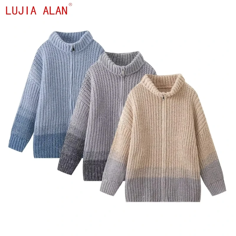 

New Women Sequin Decoration Knitted Sweater Female Zipper Placket Long Sleeved Pullover Casual Loose Tops LUJIA ALAN SW2859