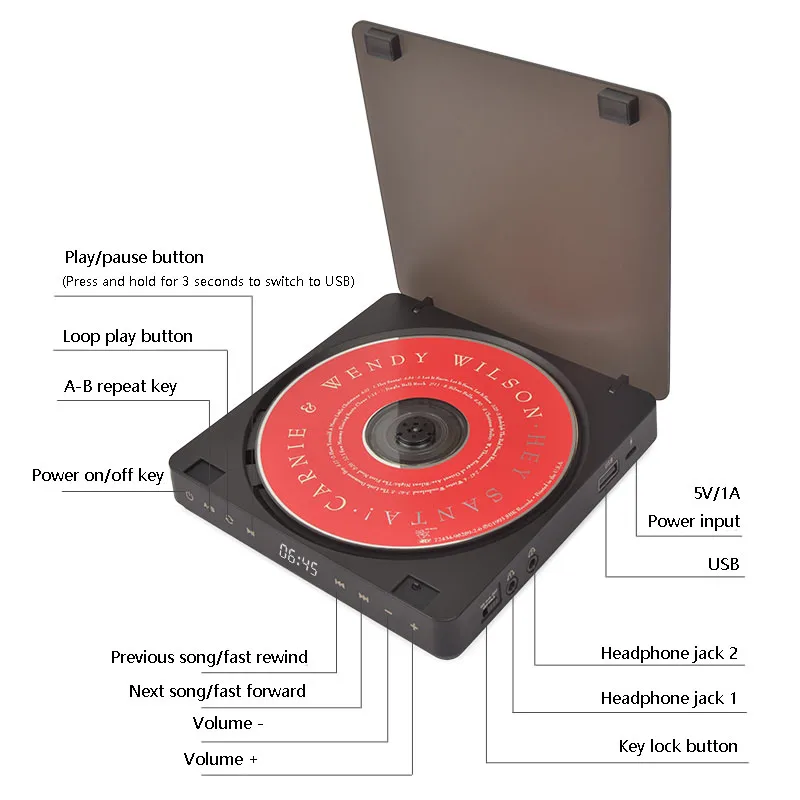 휴대용 CD 플레이어 매니아 HIFI 오디오 플레이어, 듀얼 헤드폰 잭 충전, USB 무손실 음악 플레이어, 터치 작동