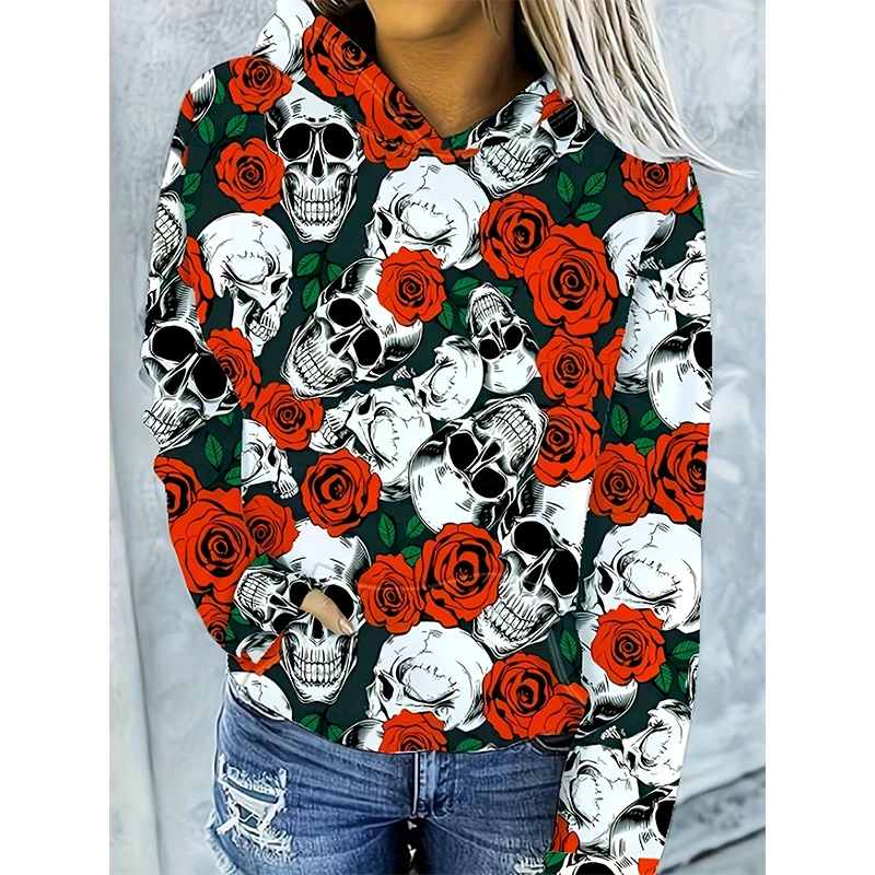 Skull Floral Pattern 3D Print Hoodies Women Fashion Hooded Sweatshirts Streetwear Pullovers Harajuku Tracksuits Female Clothing 5
