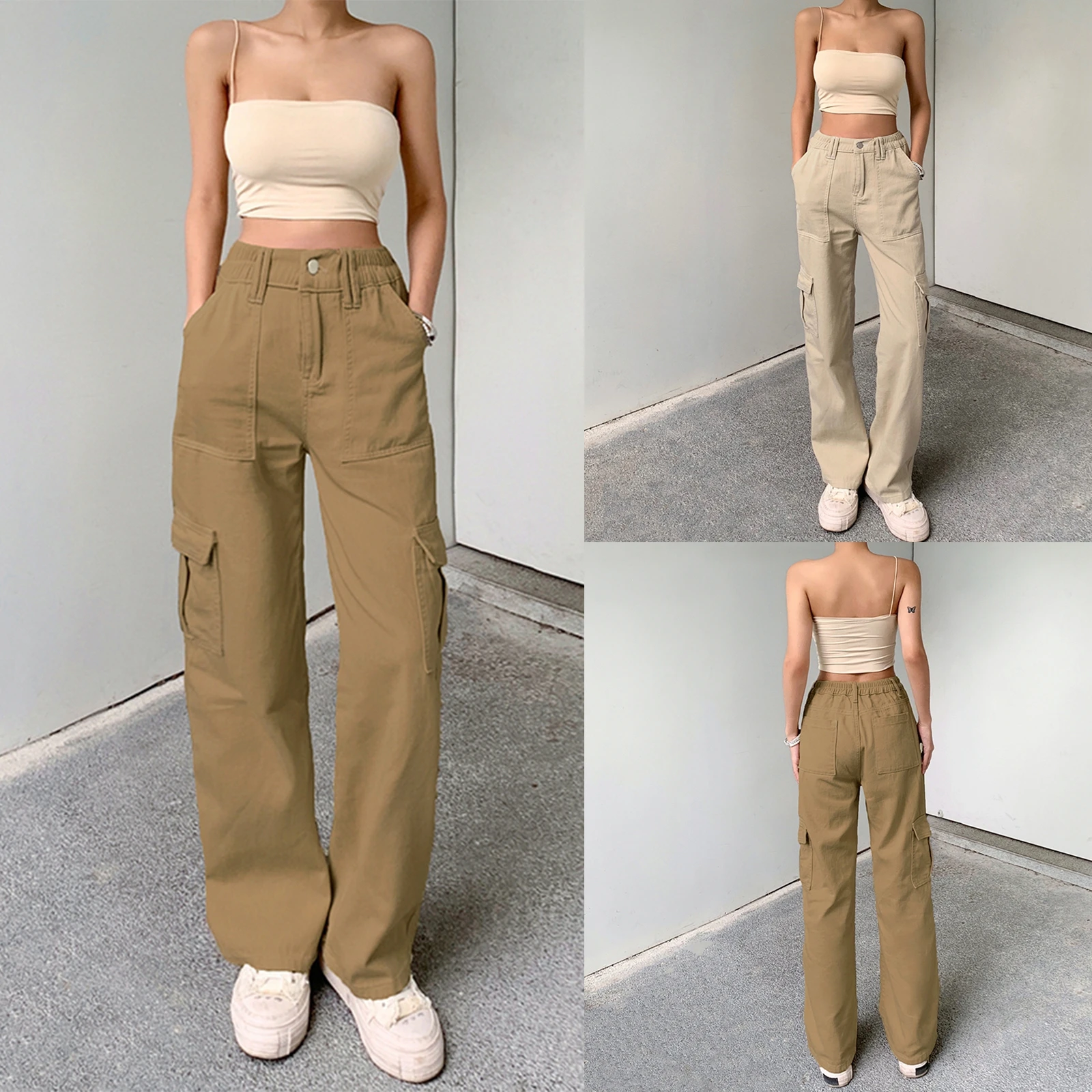 Women Solid Color Cargo Pants High Waist Straight-leg Buckle Jeans With ...