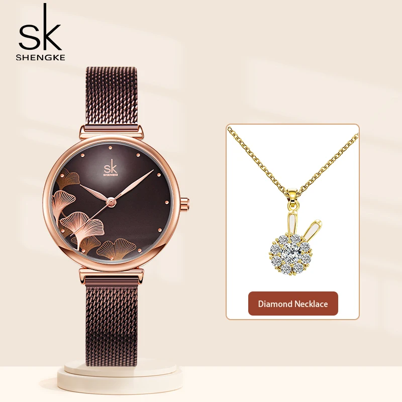 Shengke New Woman's Watches Set Fashion Diamond Necklace for Girl Original Ladies Quartz Wristwatches Female Clock Reloj Mujer