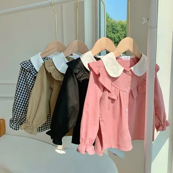 여아용 레이스 인형 칼라 체크 무늬 셔츠, 단색 상의, 한국 스타일, 2023 가을 신상