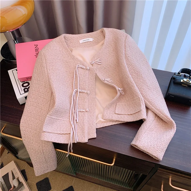 Women Bow Buckle Small Fragrance Jacket Casual Solid Color Pink White Khaki Sweet Elegant Chic Lady Tweed Short Coat Feminino suyadream women blazer notched collar single breasted office lady blazers 2023 fall winter chic jackets khaki black