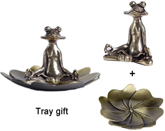 Brass Meditation Frog Statue Figurine Brass Incense Burner Meditating Frog Stick Incense Holder with Ash Catcher Tray 2" 6