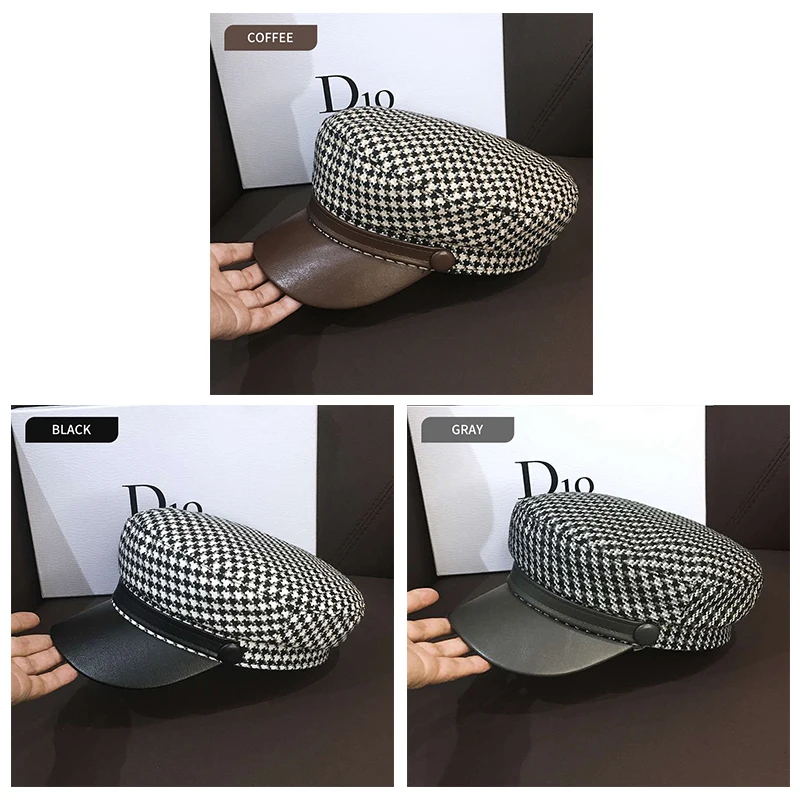 Fashion Octagonal Cap for Women Plaid leather Visors Newsboy Cap New Vintage Autumn Winter Berets Ladies Hat 3 colors