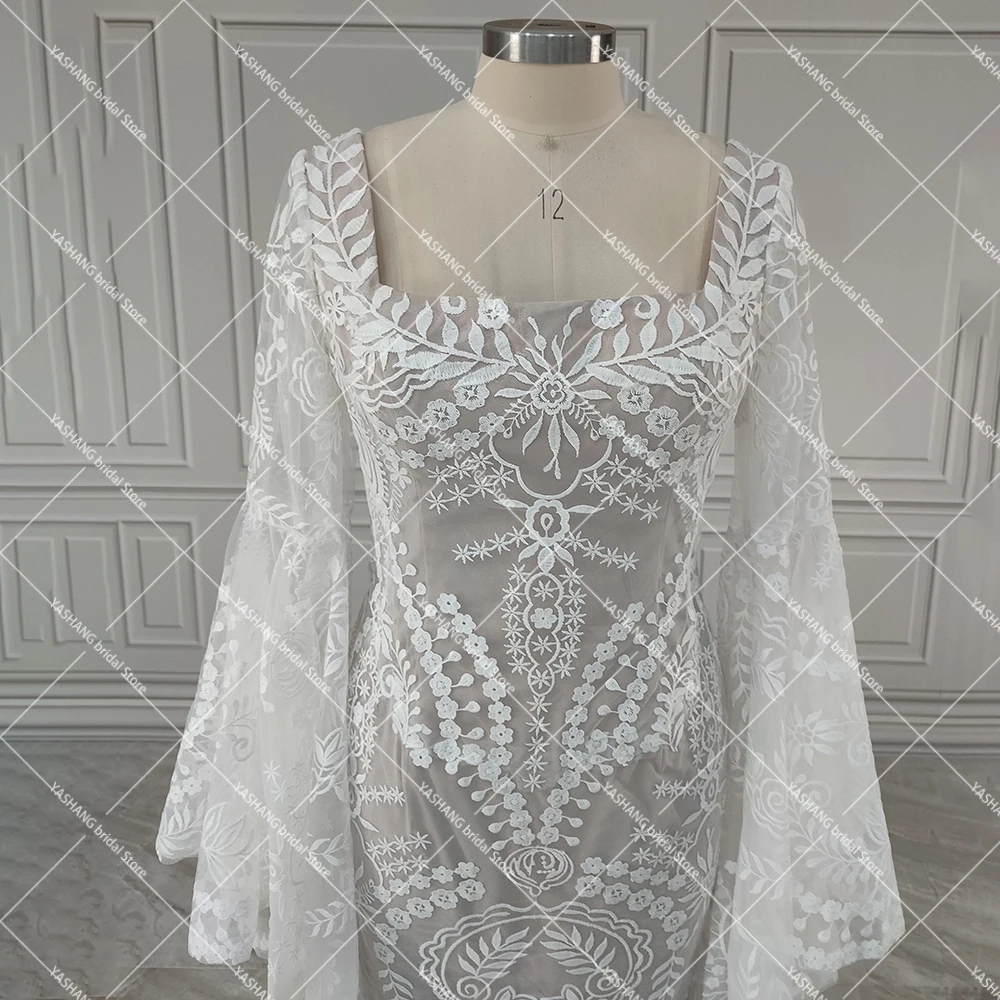 Boho Long Batwing Sleeves Lace Wedding Dress Drop Ship Customized Mermaid Rustic Beach 2026 Square Neck Open Back Bridal Gowns