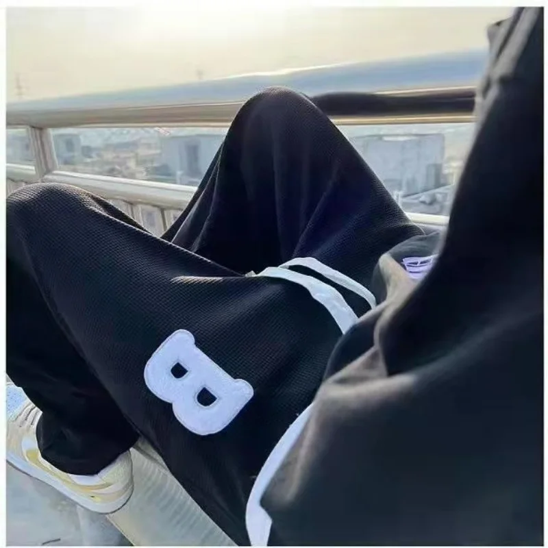 High Street Sports Trendy Straight Casual Pants Men Embroidery Loose Elastic Waist Sports Drawstring Pockets Wide Leg Trousers