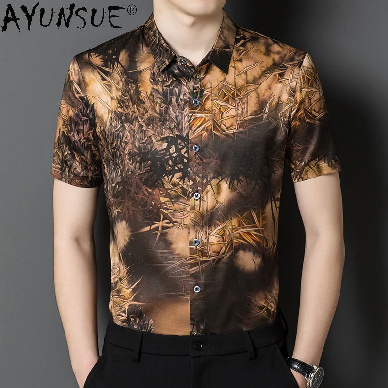 

92.5% Mulberry Real Silk Shirt Men's Short Sleeved Casual Loose Clothes for Men Thin Tops Male New Fashion Printed Blusas