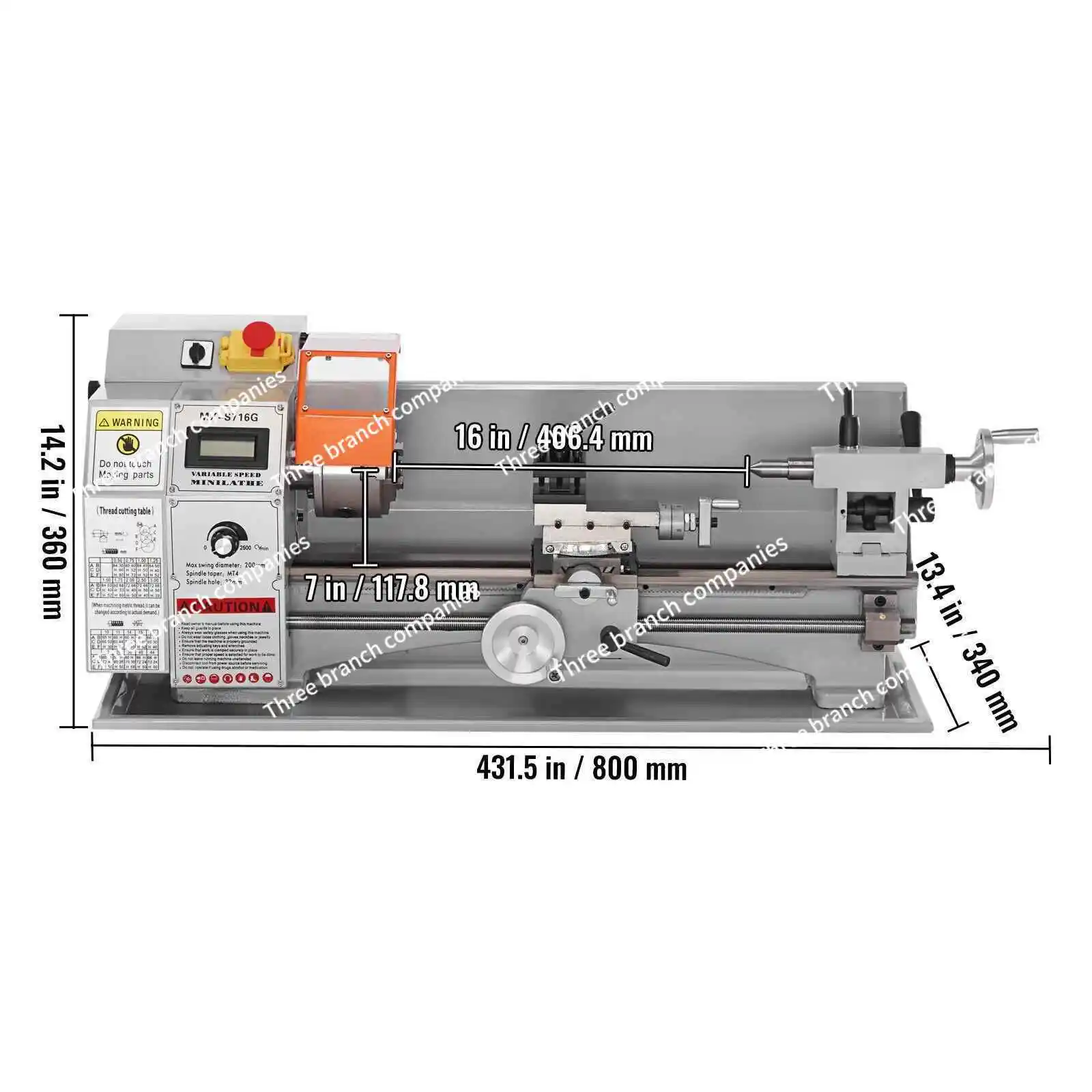 מכונת טורנים מתכתית בגודל 7'' x 16'' עם יכולת דיוק של 800W, מהירות משתנה רציפה בין 150-2500 RPM