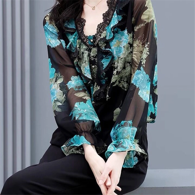 Women's Ruffle Floral Print Lace Patchwork Vintage Elegant Blouse Fashion V Neck Long Sleeve Loose Shirt Casual Chic Tops Blusas