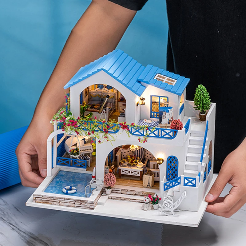 DIY Wooden Doll Houses Blue and White Town Casa Miniature Building Kits with Furniture Led Dollhouse for Adults Birthday Gifts 3