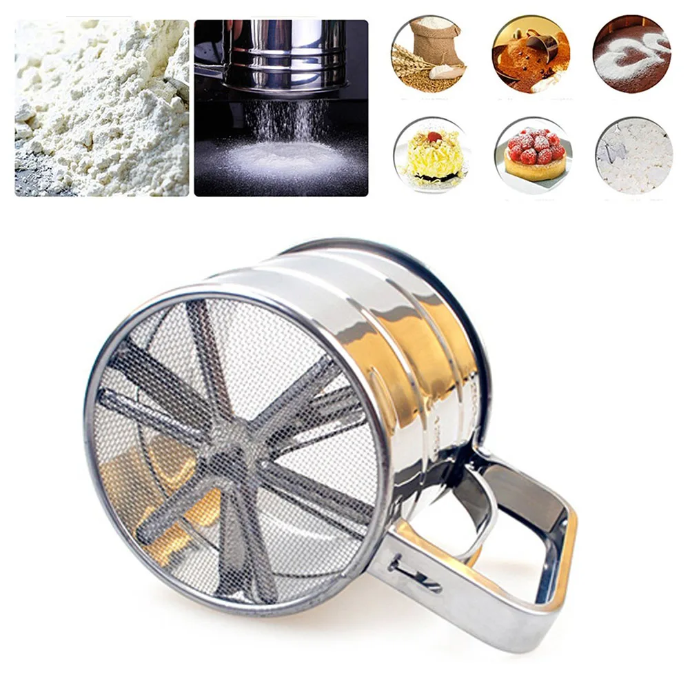 Stainless Steel Shaker Sieve Cup Mesh Crank Flour Sifter with Measuring Scale for Flour Icing Sugar