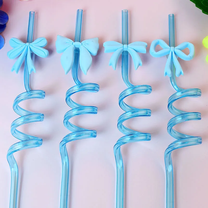 Reusable Blue Bow-Themed Spiral Straws - Set of 16 for Parties and Celebrations