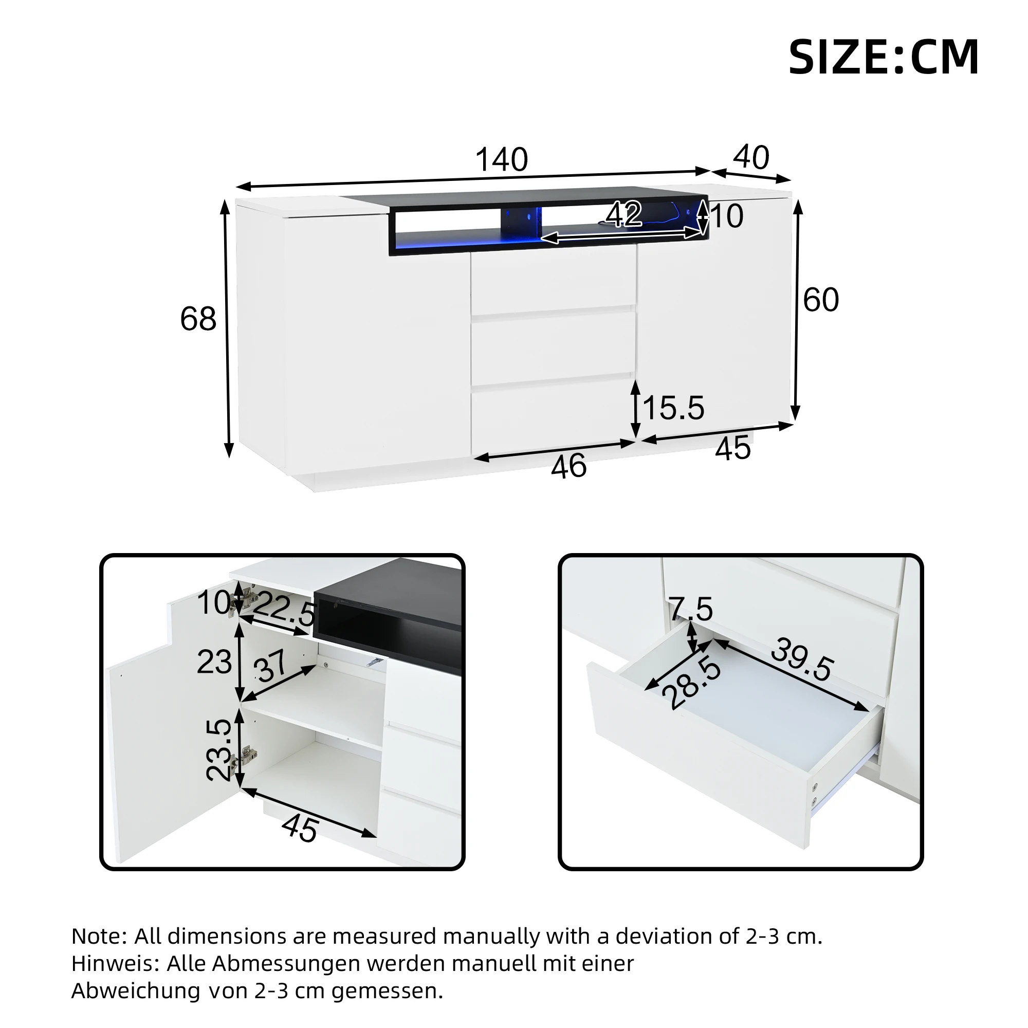 140 x 40 x 68 cm großes Wohnzimmer-Sideboard mit 2 L-förmigen Türen, Wohnzimmer-Kleiderschrank mit verstellbaren Trennwänden und LED-Leuchten – Detail 10