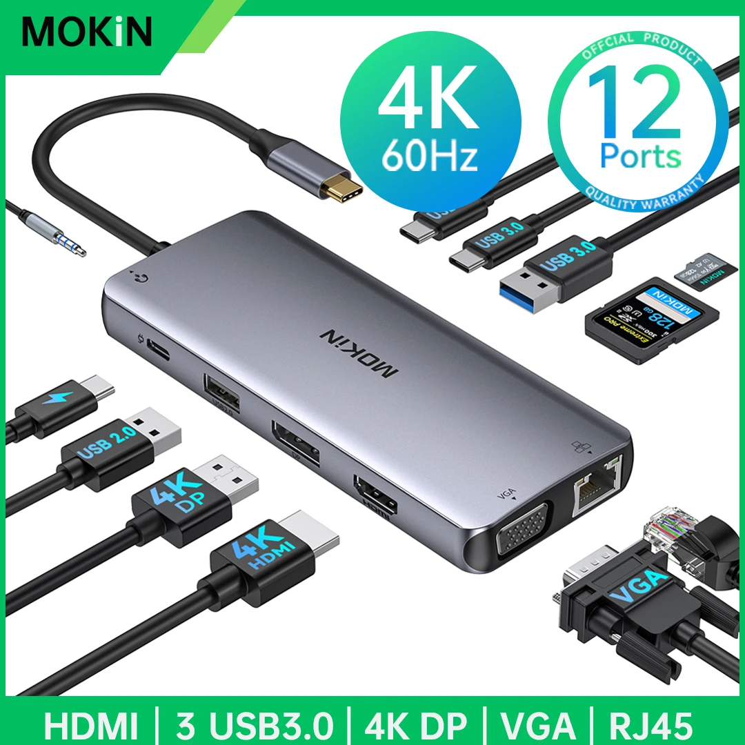 

Док-станция MOKiN USB Type-C на HDMI, док-станция DP 4K 60 Гц RJ45 VGA PD100W, адаптер для Macbook Pro M2 M1 USB C HUB 3 USB3.0 5 Гбит/с