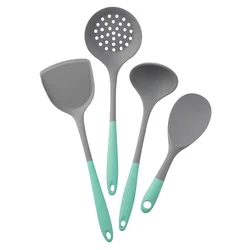 Premium 4-Piece Silicone Utensil Set: Non-Stick Spatula, Soup Ladle & Slotted Spoon Cooking Essentials (4Pcs Green Grey)