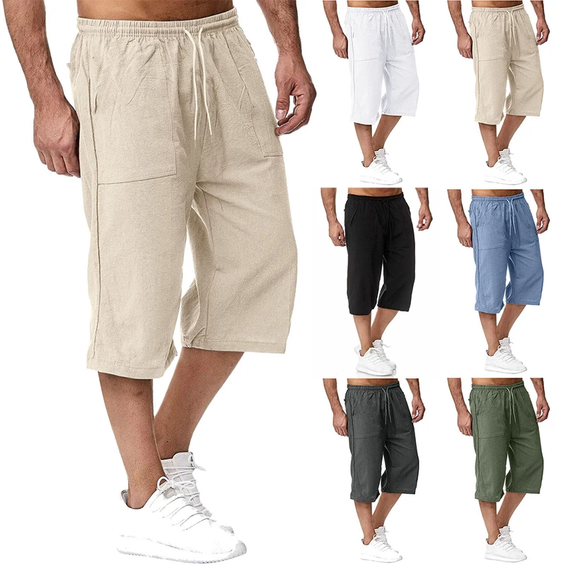 

Men's Casual Cotton Blend Calf-length Pants Summer Elastic Waist Solid Color Loose Shorts with Pockets 3/4 Length Straight Pants