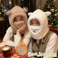 Cute Bear Snood Hood with Face Mask Women's Winter Fleece-Lined Scarf Hat Cap Earmuff Warm Accessory