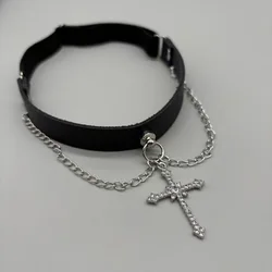 Gothic Punk Leather Leg Band with Silver Cross Chain & Rhinestones - One Size (Black)