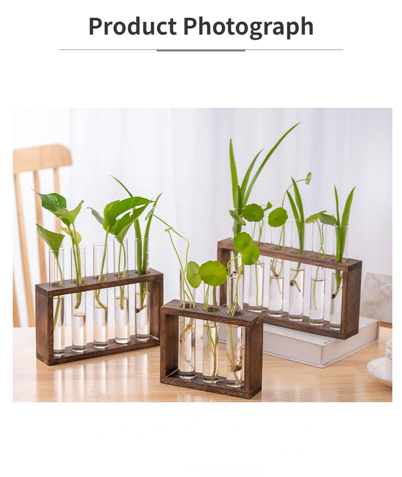 Simple Nordic Test Tube Glass Vase Decoration Creative Wooden Frame Hydroponic Plant Container Home Decoration