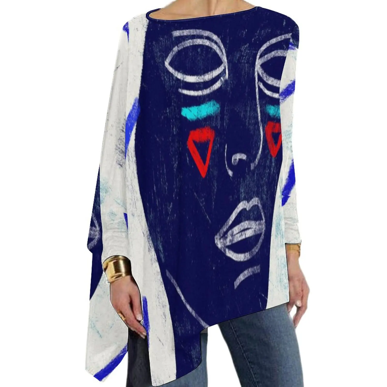 

2024 Early Spring New 3D Printed Women's Long sleeved T-shirt Graffiti Irregular Women's Top Temperament Large Women's T-shirt