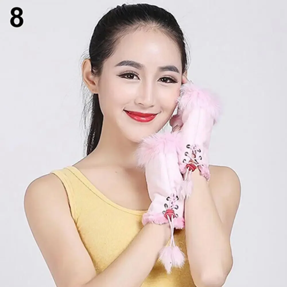 Faux Leather Gloves Winter Womens Faux Rabbit Fur Faux Leather Fingerless Mittens Wrist Gloves