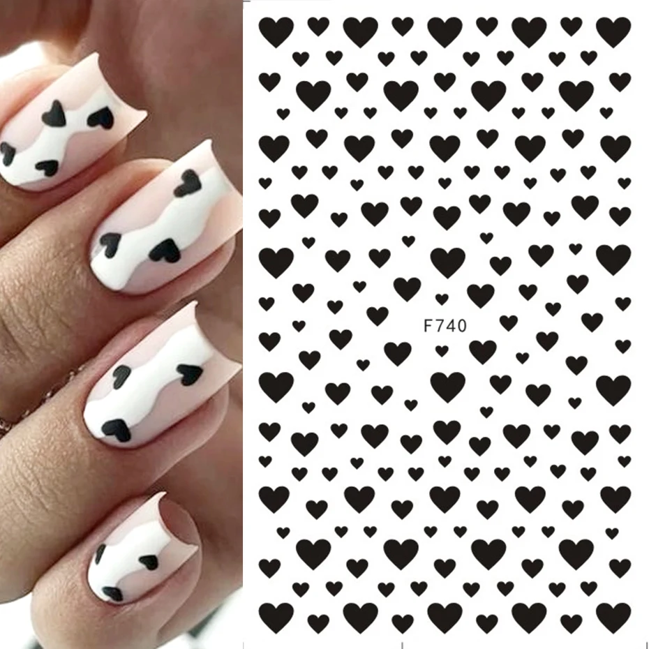 3D Nail Stickers Black Heart Love Valentine Cute Cartoon Couple Letter Self Adhesive Wrap Slider DIY Manicure Accessories BEF740