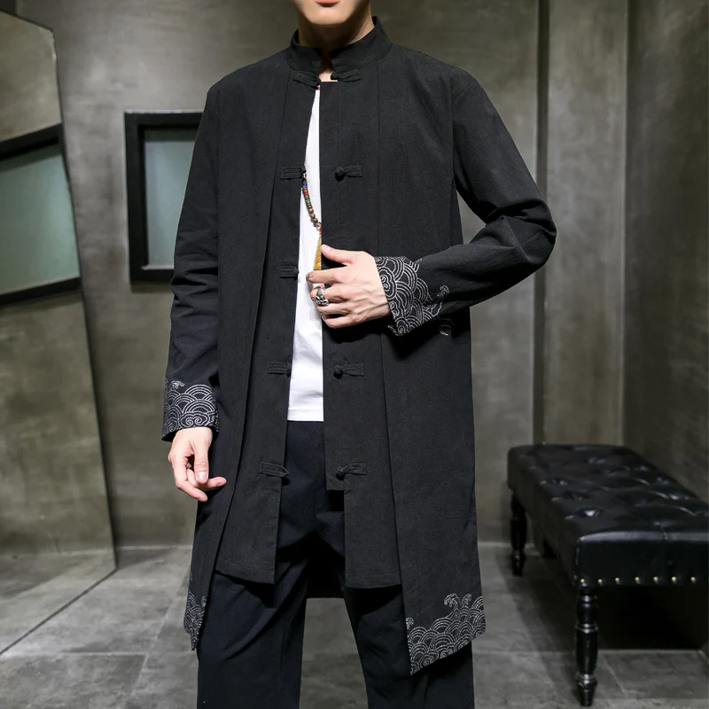 2025 Spring Men Linen Embroidery Coat Kimono Vintage Long Trench Jacket Male Chinese Style Loose National Streetwear Hanfu Robe