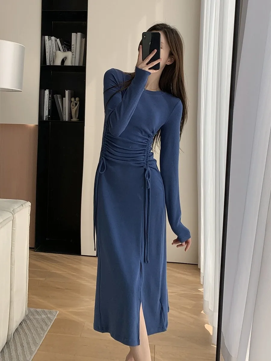 

Новинка 2023, осеннее платье средней длины с разрезом, французское облегающее платье, 0830